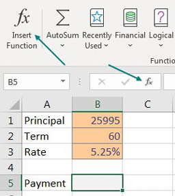 A simple model to calculate a car payment. The principal of 25995 is in B1. The Term of 60 months in B2. The interest rate of 5.25% in B3. The payment cell of B5 is selected. You can either choose Insert Function on the Formulas tab, or click the small script fx to the left of the formula bar.