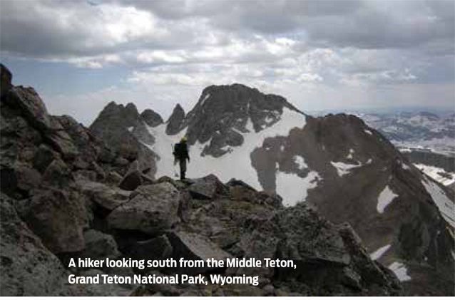 A hiker looking south from the Middle Teton, Grand Teton National Park, Wyoming