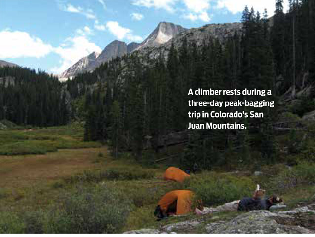 A climber rests during a three-day peak-bagging trip in Colorado’s San Juan Mountains.