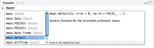 Completion for an object in the workspace shows the full name, its package (when applicable), and a short description if available