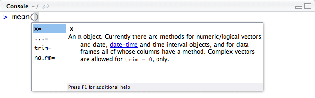 The completion window for function arguments shows information from the help page