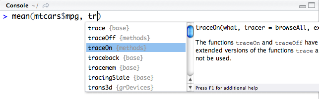 Completion with a function from a partial description shows that candidates include arguments and objects