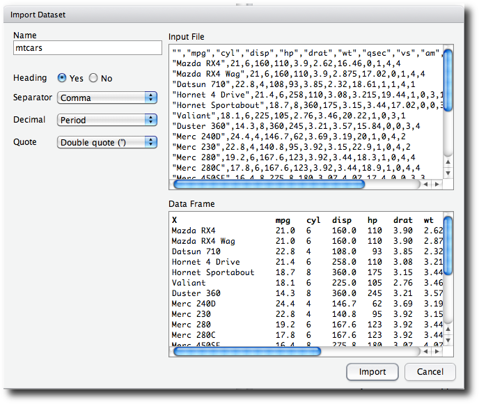 Dialog for importing a data set from a formatted text file