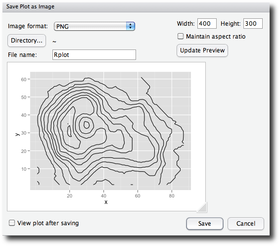 Export dialog for producing a graphic file for a plot