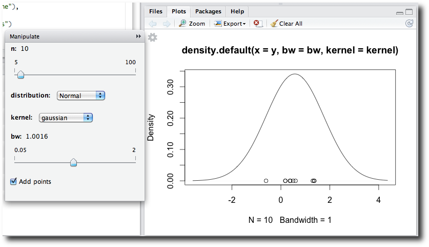 The manipulate function creates a control panel for setting parameter values in a plot