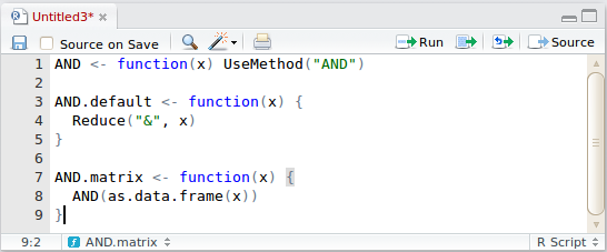 Illustration of syntax highlighting (function keyword in blue, “ANY” string in green), automatic indenting of block expressions (inside {}, say), and parenthesis matching (the cursor is at last }, and the matching { is highlighted).