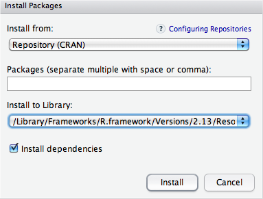 Dialog to install a package; you must specify what, from where, and to where