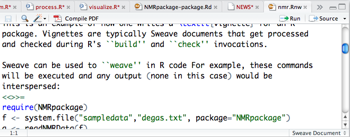 RStudio’s code editor editing an Sweave file, as indicated in the lower-right corner