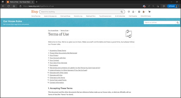 Snapshot of Review Etsy’s Terms of Use.
