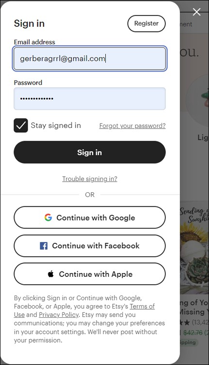 Snapshot of Use your username or email address and your password to sign in to your Etsy account.