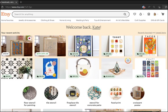 Snapshot of the Etsy Marketplace home page offers easy access to listings and myriad site features, and it’s easy on the eyes, too.