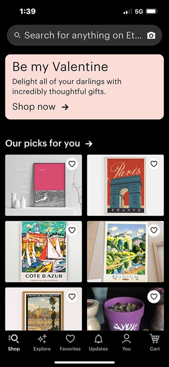 Snapshot of the Etsy app home screen looks different but offers many of the same features as the Etsy Marketplace home page.