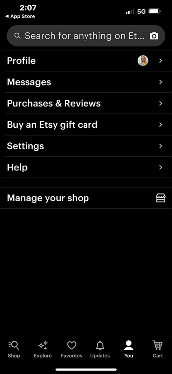 Snapshot of the Your Account menu on the Etsy app.