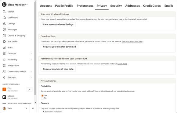 Snapshot of the Privacy page.