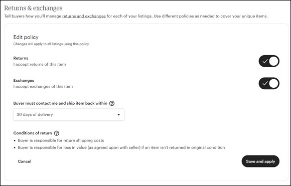 Snapshot of the Returns & Exchanges tab on the Etsy Policy Settings page.