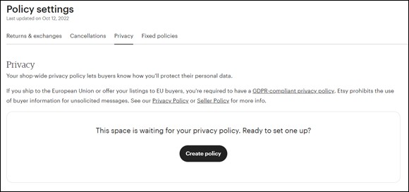 Snapshot of the Privacy tab on the Policy Settings page.