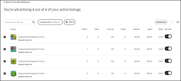 Snapshot of managing the Etsy Ads listings here.