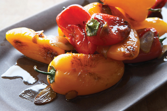 oil soaked yellow and red peppers with garlic