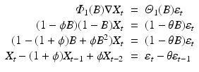 
$$ \displaystyle\begin{array}{rcl} \varPhi _{1}(B)\nabla X_{t}& =& \varTheta _{1}(B)\varepsilon _{t} {}\\ (1 -\phi B)(1 - B)X_{t}& =& (1 -\theta B)\varepsilon _{t} {}\\ (1 - (1+\phi )B +\phi B^{2})X_{ t}& =& (1 -\theta B)\varepsilon _{t} {}\\ X_{t} - (1+\phi )X_{t-1} +\phi X_{t-2}& =& \varepsilon _{t} -\theta \varepsilon _{t-1} {}\\ \end{array} $$
