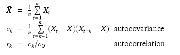 
$$ \displaystyle\begin{array}{rcl} \begin{array}{lcll} \bar{X} & =& \frac{1} {n}\sum \limits _{t=1}^{n}X_{ t} \\ c_{k} & =& \frac{1} {n}\sum \limits _{t=k+1}^{n}(X_{ t} -\bar{ X})(X_{t-k} -\bar{ X})&\mathrm{autocovariance} \\ r_{k}& =&c_{k}/c_{0} & \mathrm{autocorrelation}\end{array} & & {}\\ \end{array} $$
