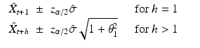 
$$ \displaystyle\begin{array}{rcl} \begin{array}{lclcl} \hat{X}_{t+1} & \pm &z_{\alpha /2}\hat{\sigma } & & \mbox{ for }h = 1 \\ \hat{X}_{t+h}&\pm &z_{\alpha /2}\hat{\sigma }\sqrt{1 +\theta _{ 1 }^{2}} & & \mbox{ for }h> 1\\ \end{array} & & {}\\ \end{array} $$
