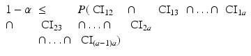 
$$\begin{array}{lllllll} 1-\alpha & \leq & P(\mbox{ CI}_{12} & \cap &\mbox{CI}_{13} & \cap \ldots \cap &\mbox{CI}_{1a} \\ \cap &\mbox{ CI}_{23} & \cap \ldots \cap &\mbox{ CI}_{2a} \\  & \cap \ldots \cap &\mbox{ CI}_{(a-1)a})\end{array} $$
