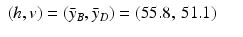 
$$\displaystyle\begin{array}{rcl} (h,v) = (\bar{y}_{B},\bar{y}_{D}) = (55.8,\,51.1)& & {}\\ \end{array}$$
