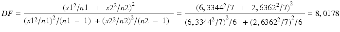 
$$ DF=\frac{{{(s{{1}^{2}}/n1~~+~~s{{2}^{2}}/n2 )}^{2}}}{{{{(s{{1}^{2}}/n1 )}^{2}}}/{(n1~-~1 )}\;+{{{(s{{2}^{2}}/n2 )}^{2}}}/{(n2~-~1 )}\;~}=\frac{{{(6,{{3344}^{2}}/7~~+~~2,{{6362}^{2}}/7 )}^{2}}}{{{{(6,{{3344}^{2}}/7 )}^{2}}}/{6}\;~+{{{(2,{{6362}^{2}}/7 )}^{2}}}/{6}\;}=8,0178 $$
