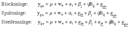 
$$ \begin{aligned}& \text{Blockanlage:}\quad \quad {{\text{y}}_{\text{iju}}}={}\mu{}+{{\text{w}}_{\text{u}}}+{{{}\alpha{}}_{\text{i}}}+{{{}\beta{}}_{\text{j}}}+{{({}\alpha\!\!\!\!\beta{} )}_{\text{ij}}}+{{\underline{{}\varepsilon{}}}_{\underline{\text{iju}}}}\\& \text{Spaltanlage:}\quad \quad \ {{\text{y}}_{\text{iju}}}={}\mu{}+{{\text{w}}_{\text{u}}}+{{{}\alpha{}}_{\text{i}}}+\underline{{}\varepsilon{}}\underline{_{\text{iu}}}+{{{}\beta{}}_{\text{j}}}+{{({}\alpha\!\!\!\!\beta{} )}_{\text{ij}}}+{{\underline{{}\varepsilon{}}}_{\underline{\text{iju}}}}\\& \text{Streifenanlage:}\quad \ {{\text{y}}_{\text{iju}}}={}\mu{}+{{\text{w}}_{\text{u}}}+{{{}\alpha{}}_{\text{i}}}+\underline{{}\varepsilon{}}\underline{_{\text{iu}}}+{{{}\beta{}}_{\text{j}}}+{}\varepsilon{}\underline{_{\text{ju}}}+{{({}\alpha\!\!\!\!\beta{} )}_{\text{ij}}}+{{\underline{{}\varepsilon{}}}_{\underline{\text{iju}}}}\end{aligned} $$
