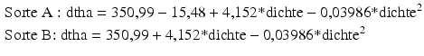 
$$ \begin{aligned}& \text{Sorte A}:\text{dtha}=\text{350,99}-\text{15,48}+\text{4,152*dichte}-\text{0,03986*dicht}{{\text{e}}^{\text{2}}}\\& \text{Sorte B: dtha}=\text{350,99}+\text{4,152*dichte}-\text{0,03986*dicht}{{\text{e}}^{\text{2}}}\end{aligned} $$
