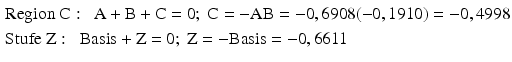 
$$\begin{aligned}& \text{Region C}:~~\text{A}+\text{B}+\text{C}=0;\text{ C}=-\text{A}\text{B}=-0,\text{69}0\text{8}(-0,\text{191}0)=-0,\text{4998} \\ & \text{Stufe Z}:~~\text{Basis}+\text{Z}=0;\text{ Z}=-\text{Basis}=-0,\text{6611} \\ \end{aligned}$$
