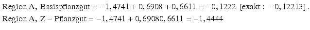 
$$\begin{aligned}& \text{Region A},\ \text{Basispflanzgut}=-\text{1},\text{4741}+0,\text{69}0\text{8}+0,\text{6611}=-0,\text{1222}\ \left[ \text{exakt}:\ -0,\text{12213} \right]. \\ & \text{Region A},\ \text{Z}-\text{Pflanzgut}=-\text{1},\text{4741}+0,\text{69}0\text{8}0,\text{6611}=-\text{1},\text{4444} \\ \end{aligned}$$
