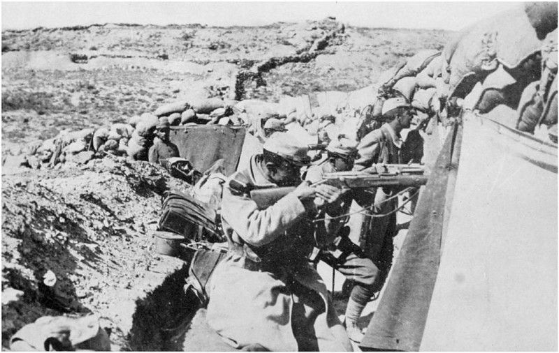 First line of Allies' trench zigzagging along parallel to the Turkish trenches which are not thirty yards distant