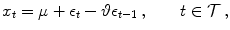 
$$\displaystyle{ x_{t} = \mu + \epsilon _{t} - {\vartheta}\epsilon _{t-1}\,,\qquad t \in \mathcal{T}\,, }$$
