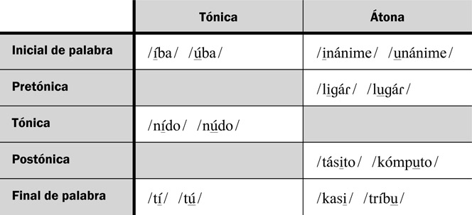 10.2 Las posibilidades en cuanto a las vocales /i u/ en posición nuclear.