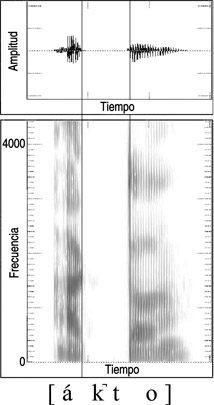 13.25 Forma de onda y sonograma de la articulación del sonido español [k˺].