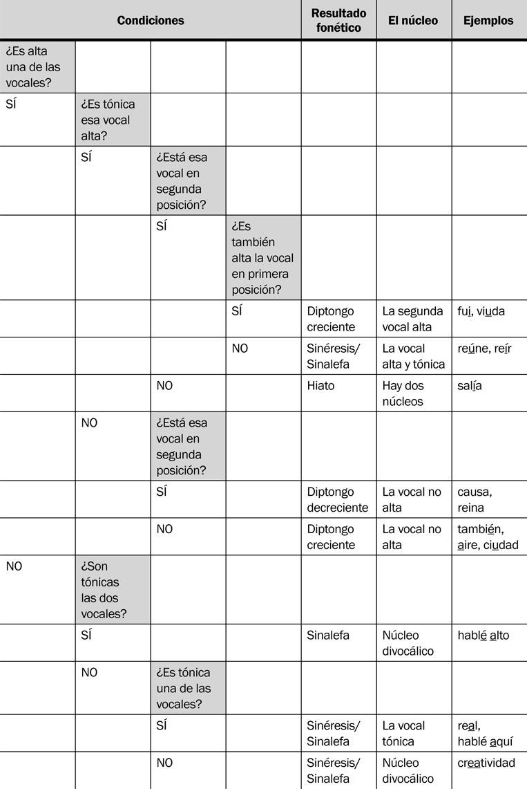 18.26 Los criterios para identificar el núcleo silábico en una secuencia de dos vocales. En el cuadro se especifican el resultado fonético y el núcleo silábico y se dan ejemplos.