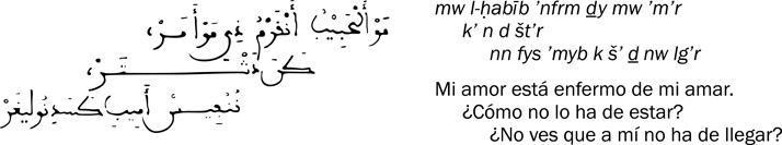 4.7 Este texto, con su transliteración y traducción, es de una jarcha de Al-A‘mā al-Tuṭīlī, quien vivió en Murcia y Sevilla y murió en 1126.