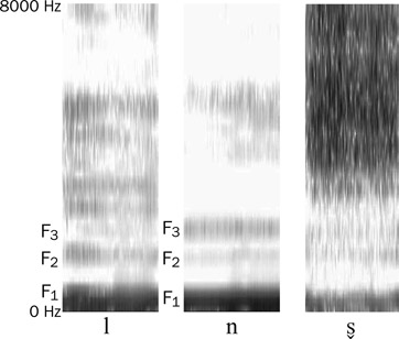 6.23 Sonogramas de banda ancha de las consonantes sonoras [l], [n] y [s̬]. Los sonidos [l] y [n] son sonorantes, presentando así formantes. La consonante [s̬] no los presenta.