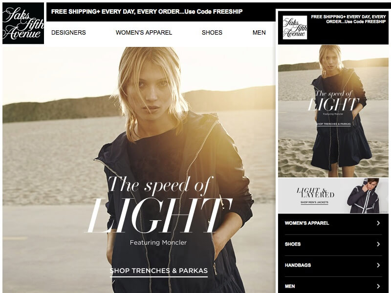 Though Saks Fifth Avenue uses navigation in email, they’re mindful of its purpose and position.