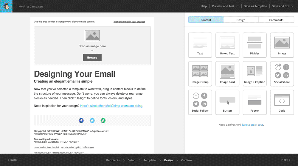 The idea of pattern-based design drives MailChimp’s drag-and-drop email editor.