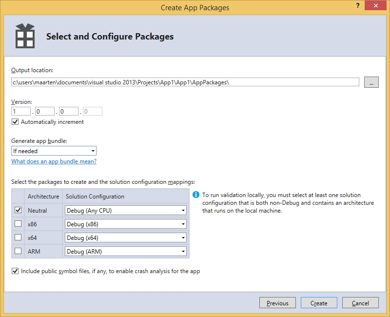 Visual Studio’s Create App Packages wizard.