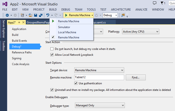 Visual Studio’s Debug properties pane showing the various start options.