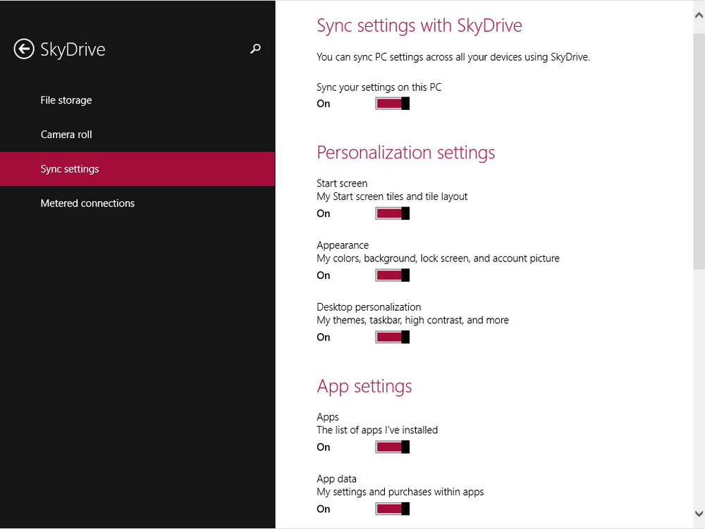 Users control the roaming of their data via the Sync Settings pane.