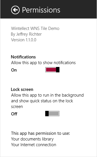 An app’s Settings pane, allowing the user to disable the app’s toast notifications.