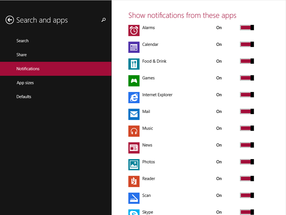 Controlling apps’ notifications from PC Settings.