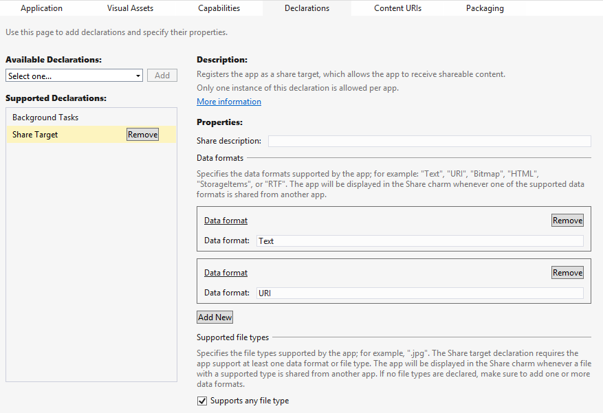 Adding the Share Target declaration to your app’s package manifest.