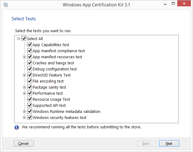 The required tests for certification in the Windows App Certification Kit.