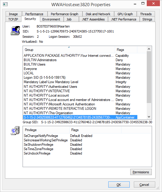 Process Explorer showing a Windows Store app’s Security settings.