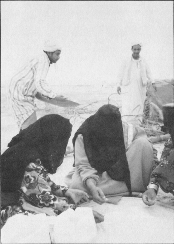 Veiled women cleaning rice